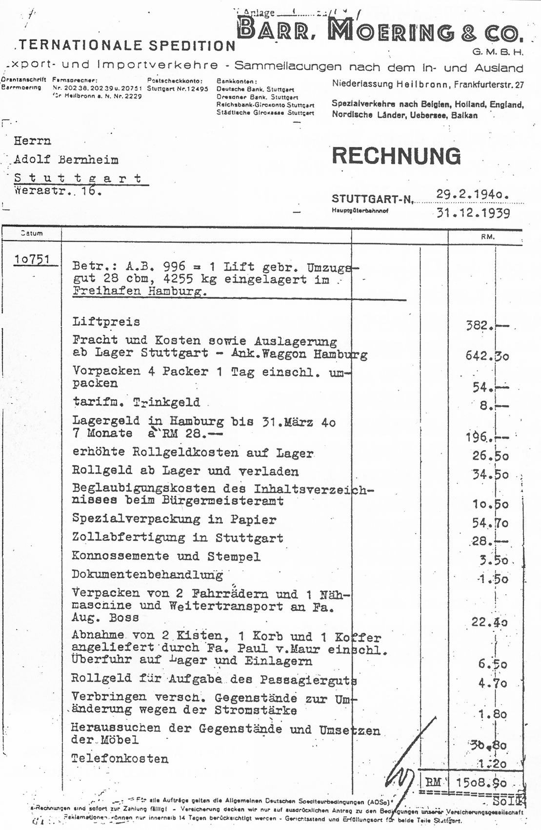 Rechnung für den Lift der Familie Bernheimer.