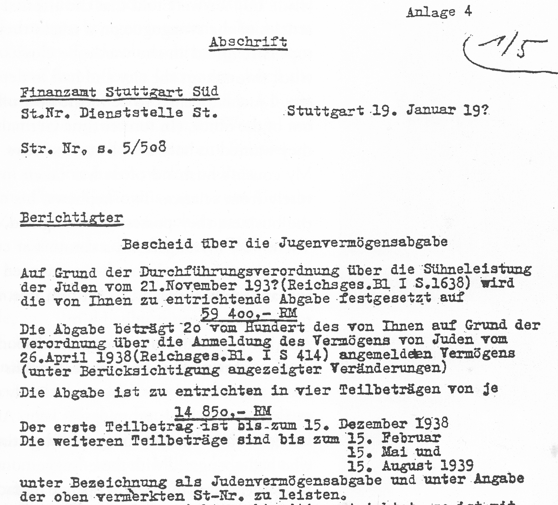 A copy of the notice Adolf Bernheim received regarding the