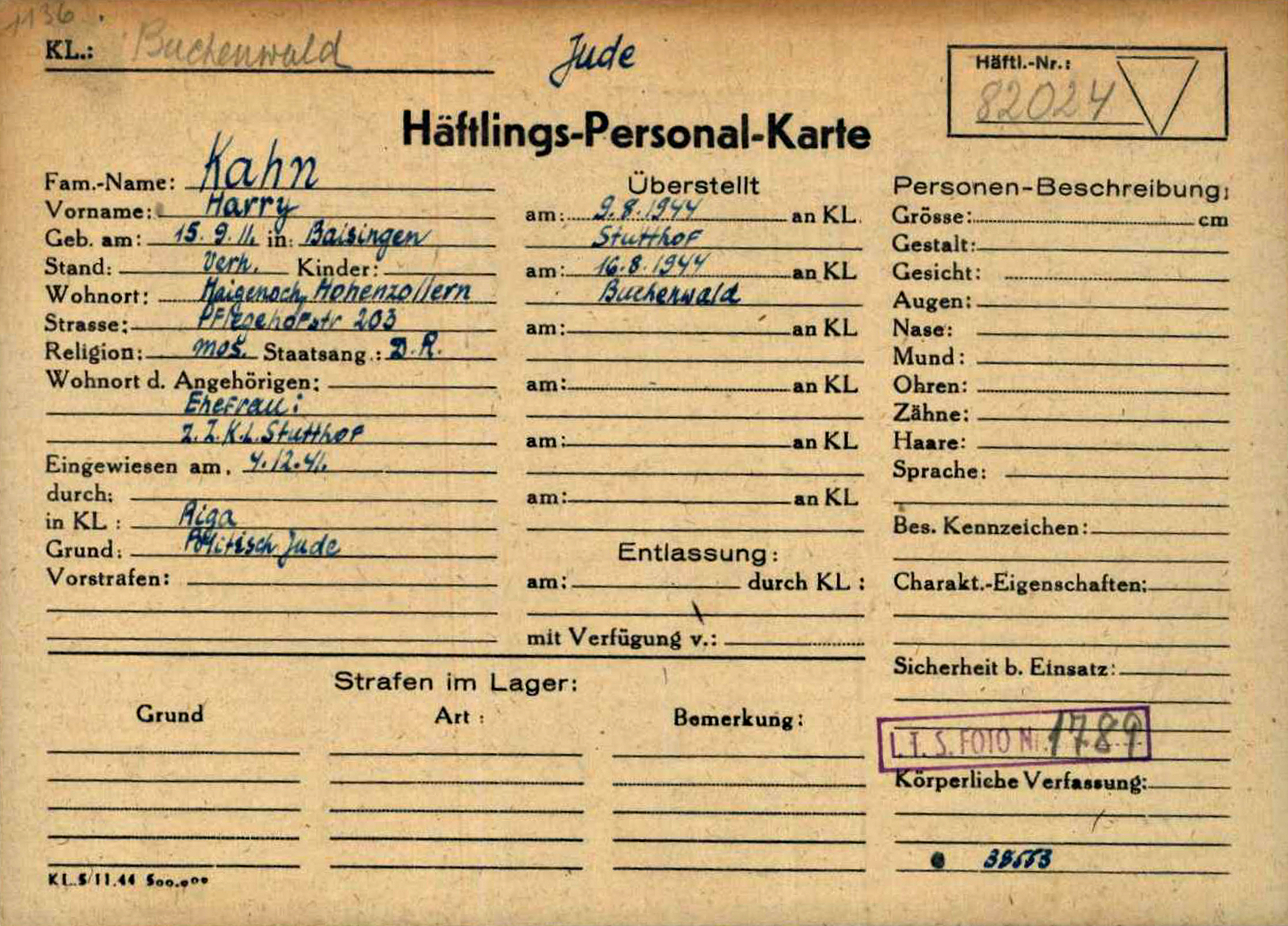 Index card for Harry Kahn in Buchenwald concentration camp