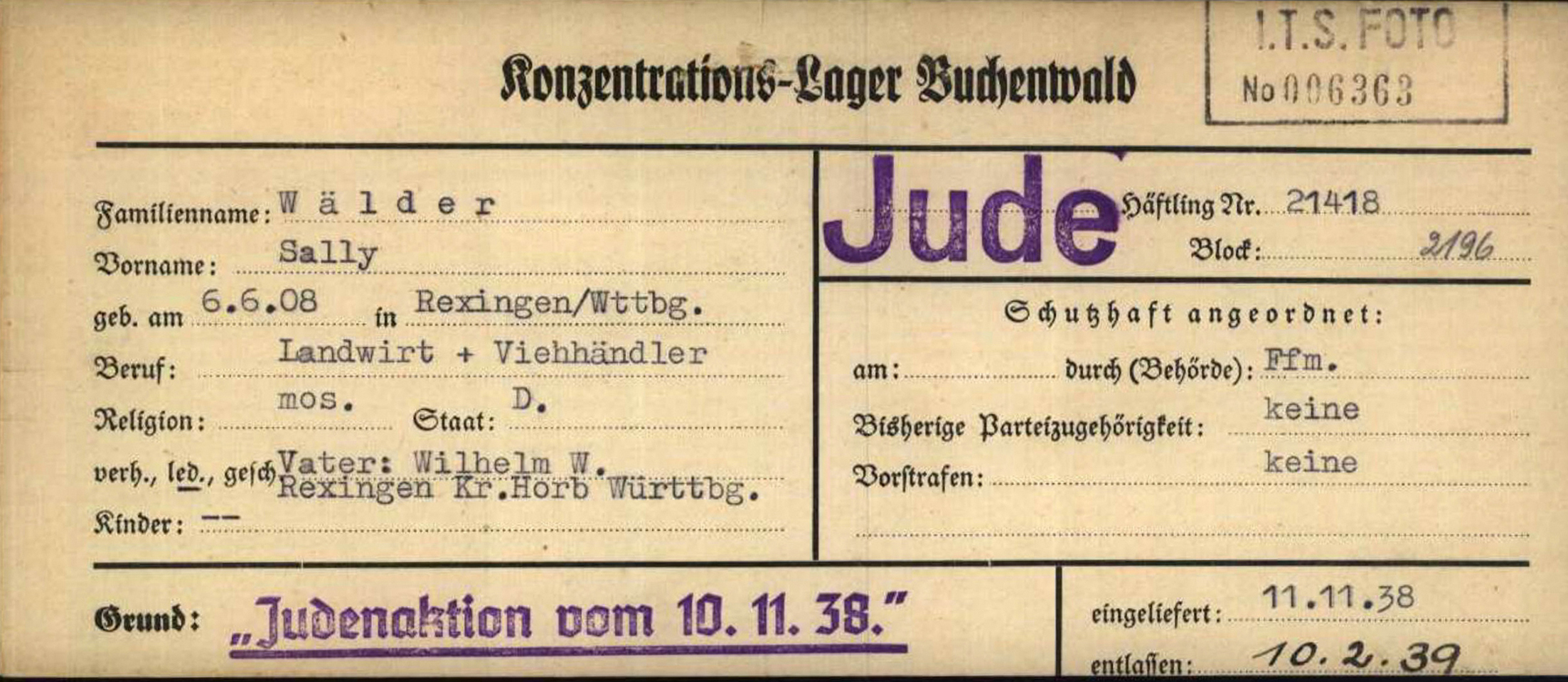 Dachau concentration camp registration card of Sally Wälder.