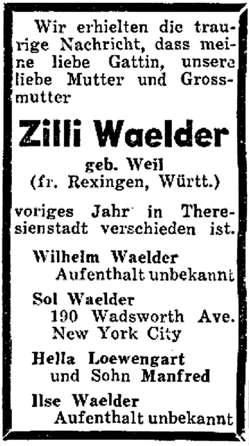Obituary of Zilli Wälder in 