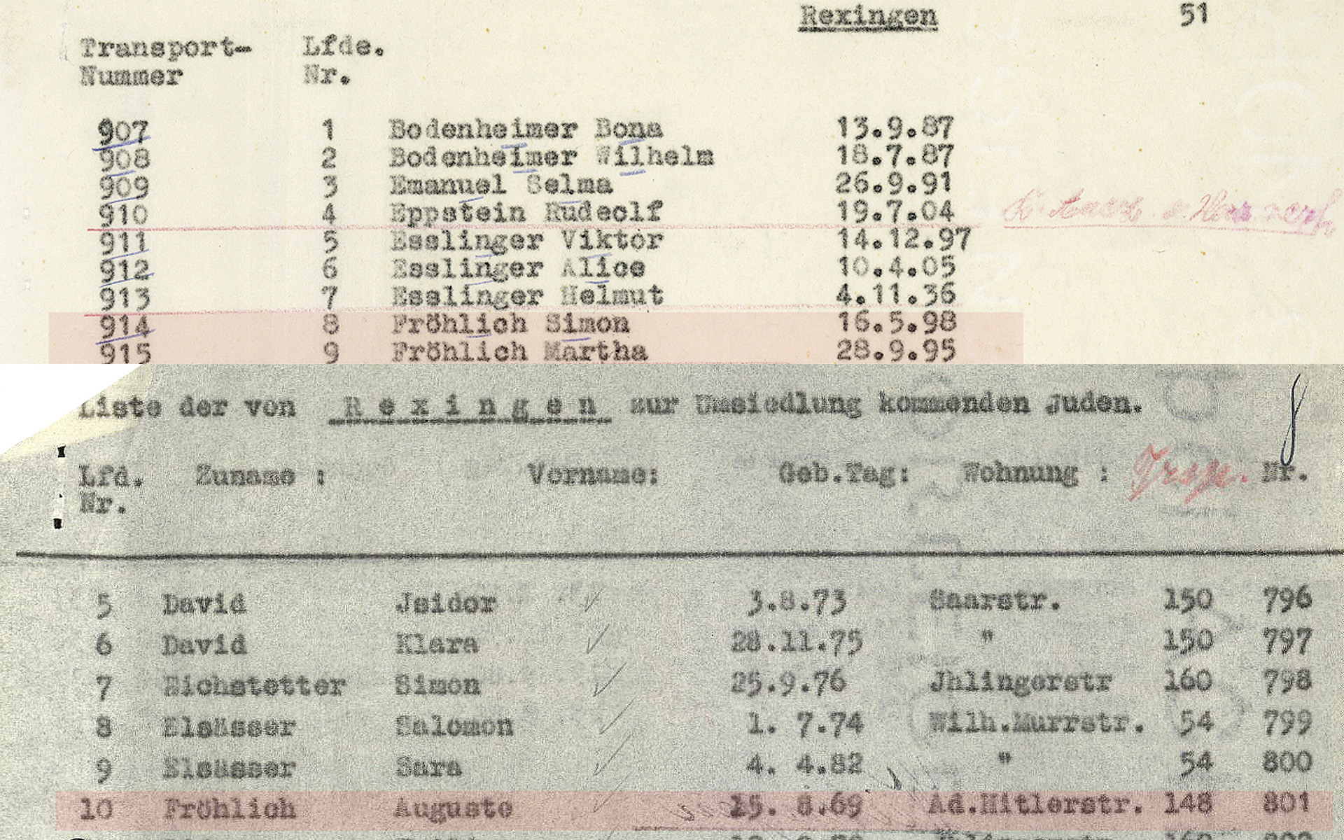 Ausschnitte aus den Transportlisten nach Riga und Theresienstadt mit den Namen von Martha, Simon und Auguste Fröhlich.