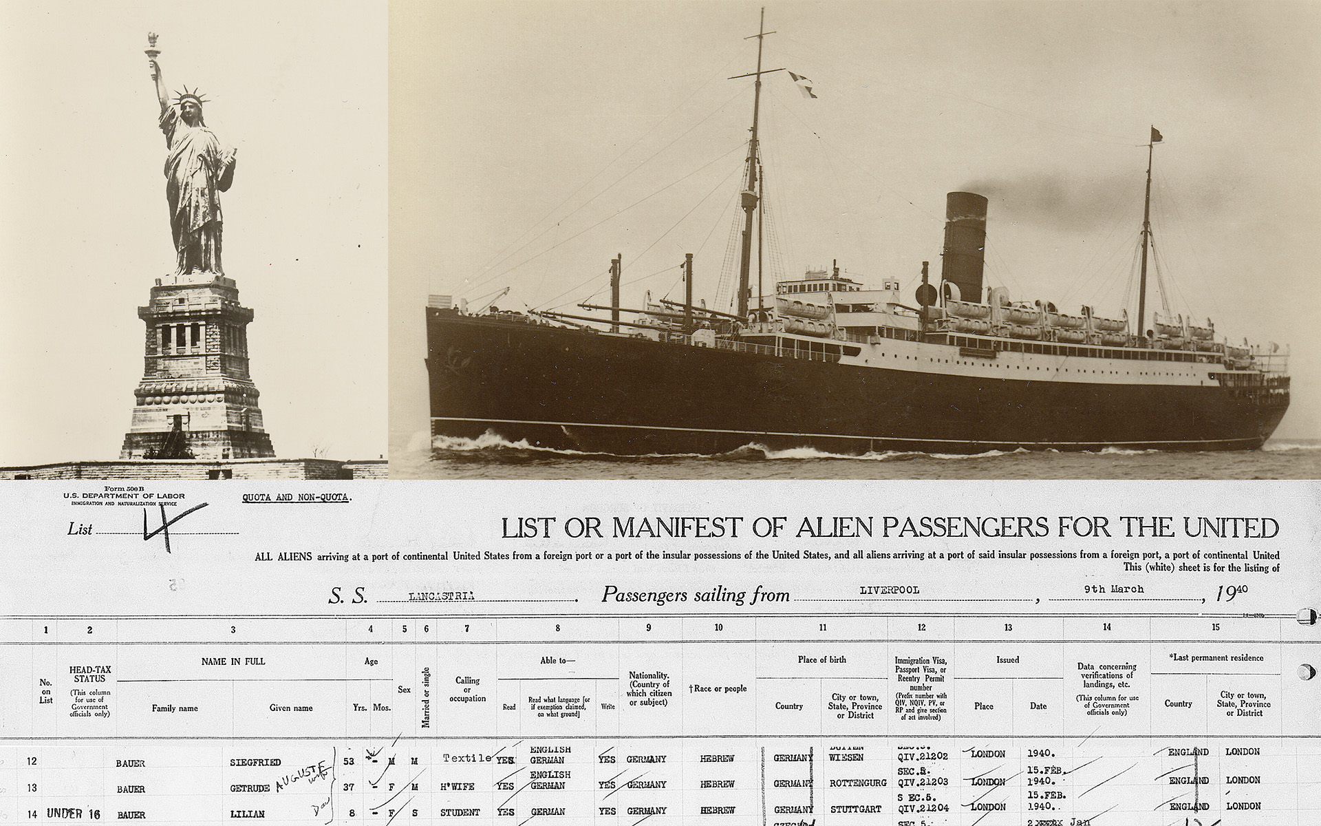 Clockwise: Statue of Liberty, the Lancastria, passenger list with the names of the Bauers.