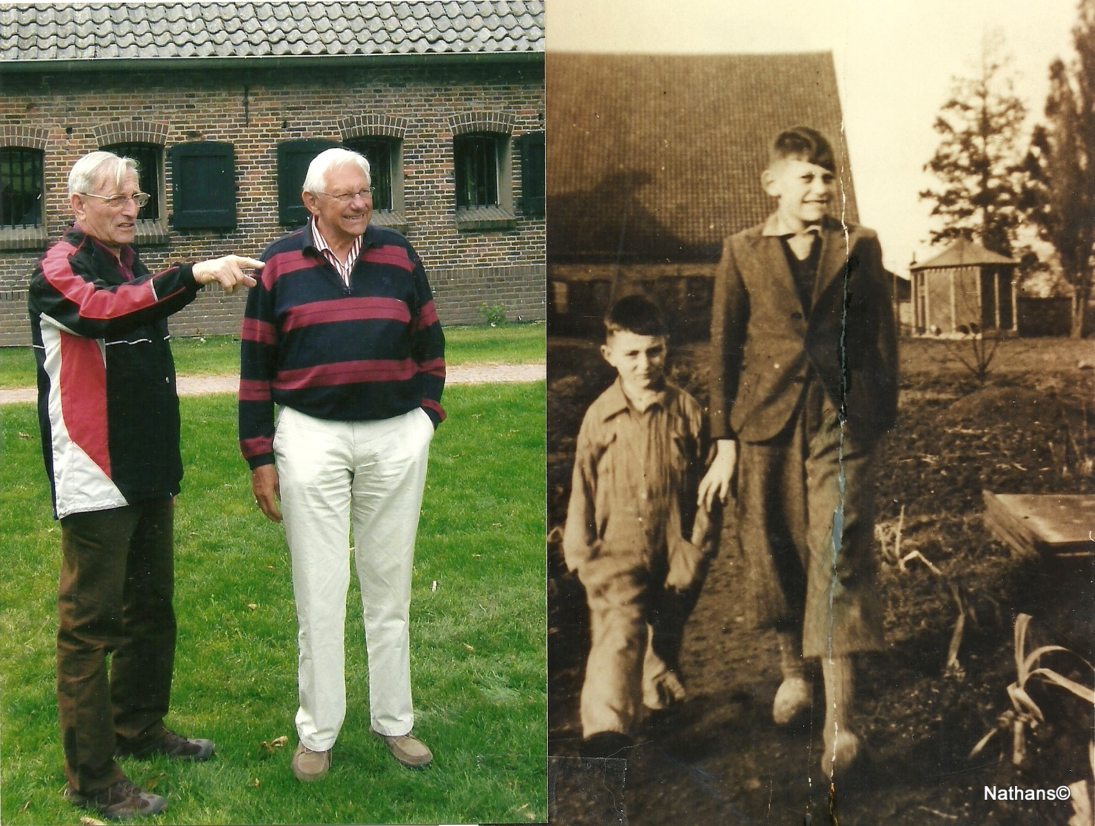 Zwei Bilder „damals und heute“: rechts Max und sein Stiefbruder während des Krieges auf dem Bauernhof; links wurde dieses Bild mit den beiden Stiefbrüdern bei einem späteren Besuch nachgestellt.