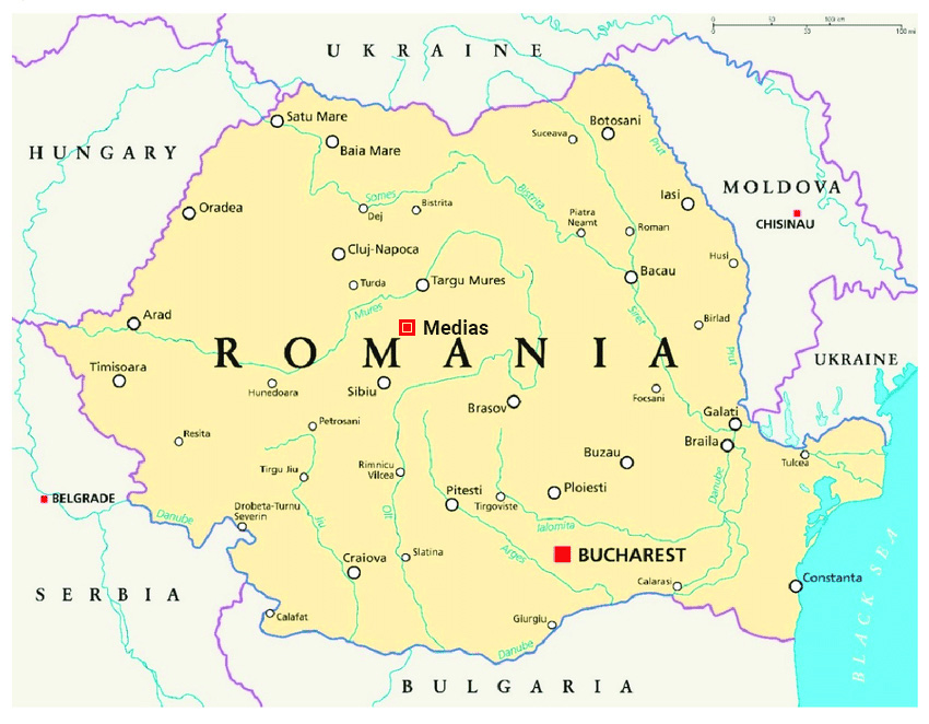 Map of the location of Medias in Romania