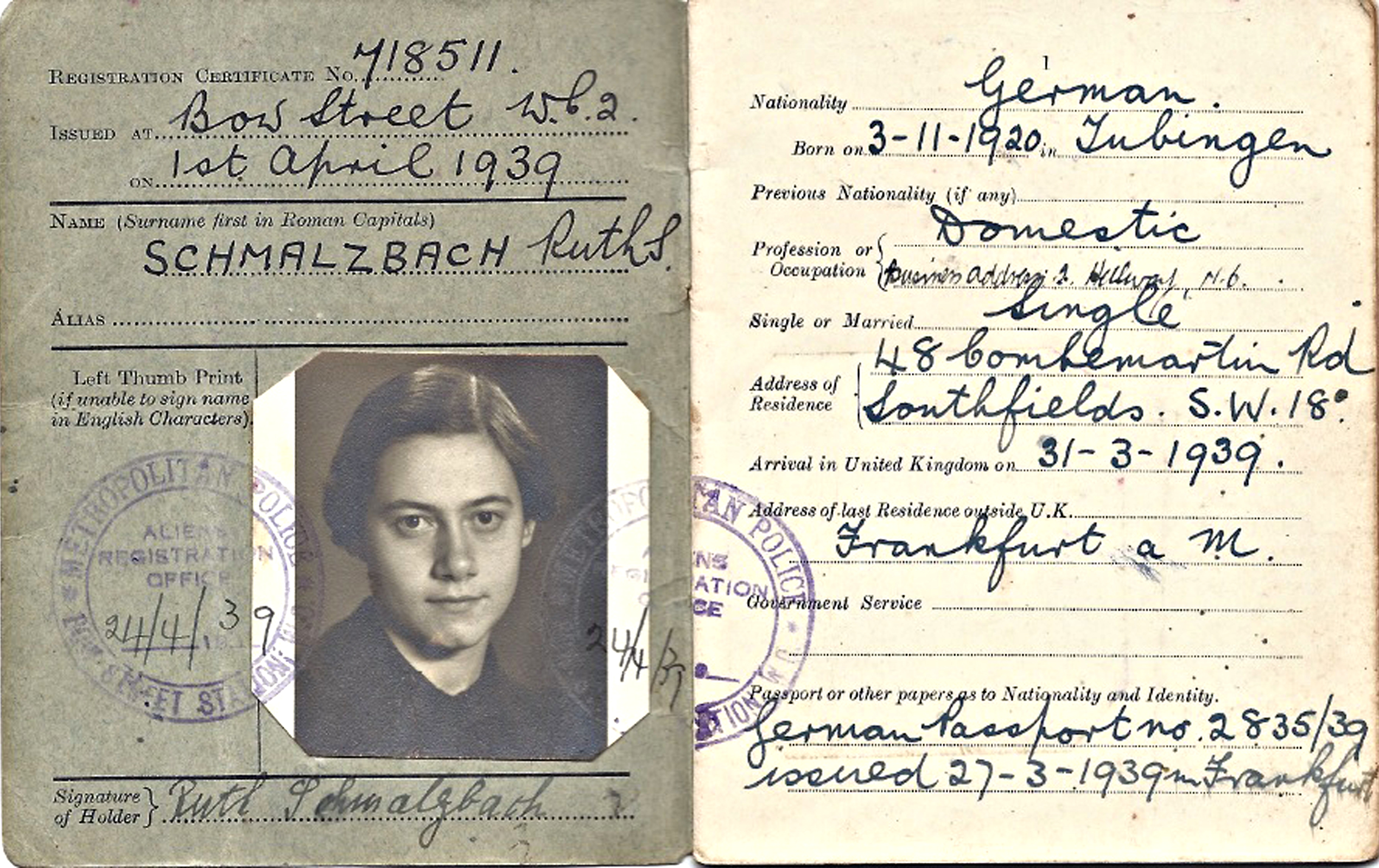 United Kingdom Registration Certificate for Ruth Schmalzbach.