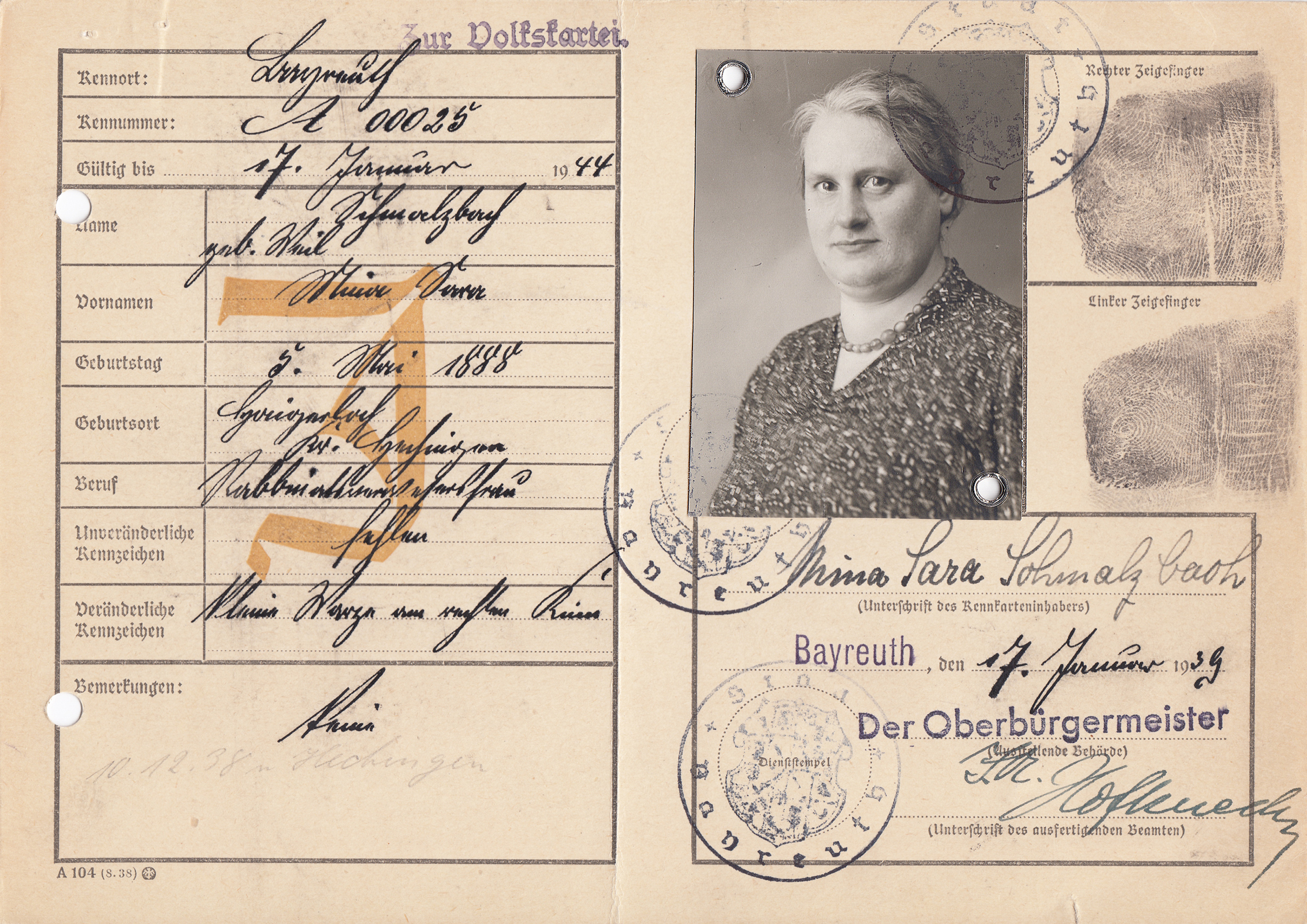 Identification card for Mina Schmalzbach.