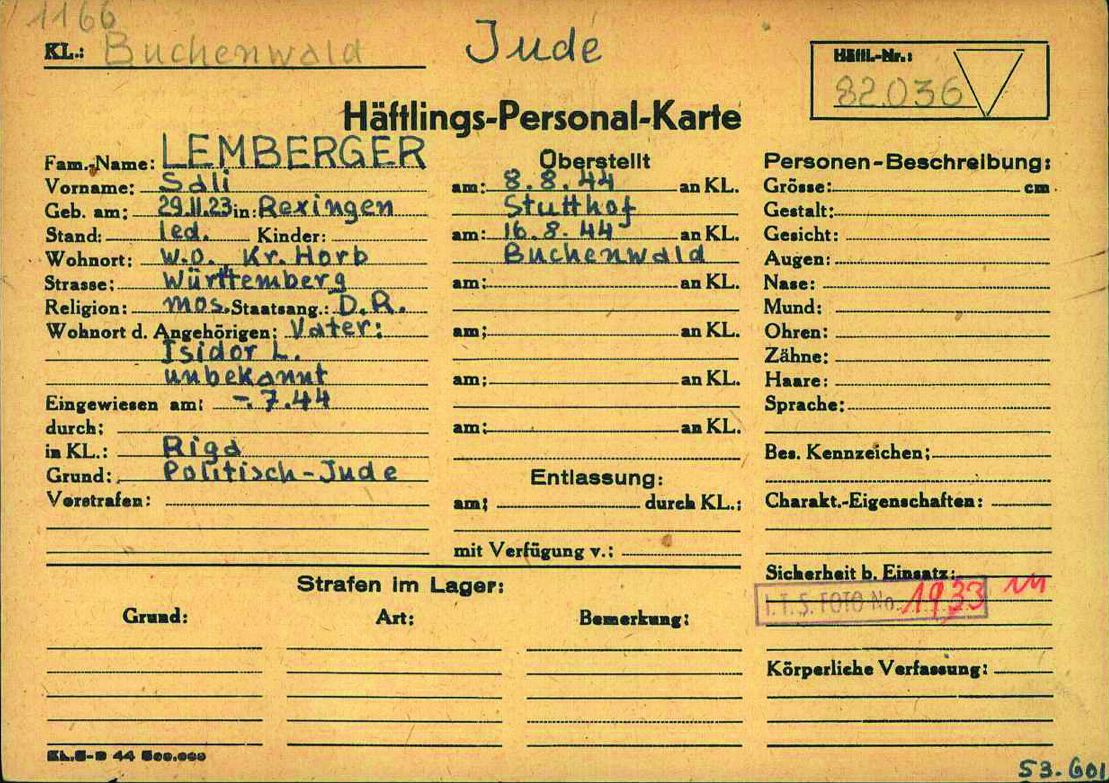 Buchenwald concentration camp registration card for Sally Lemberger.