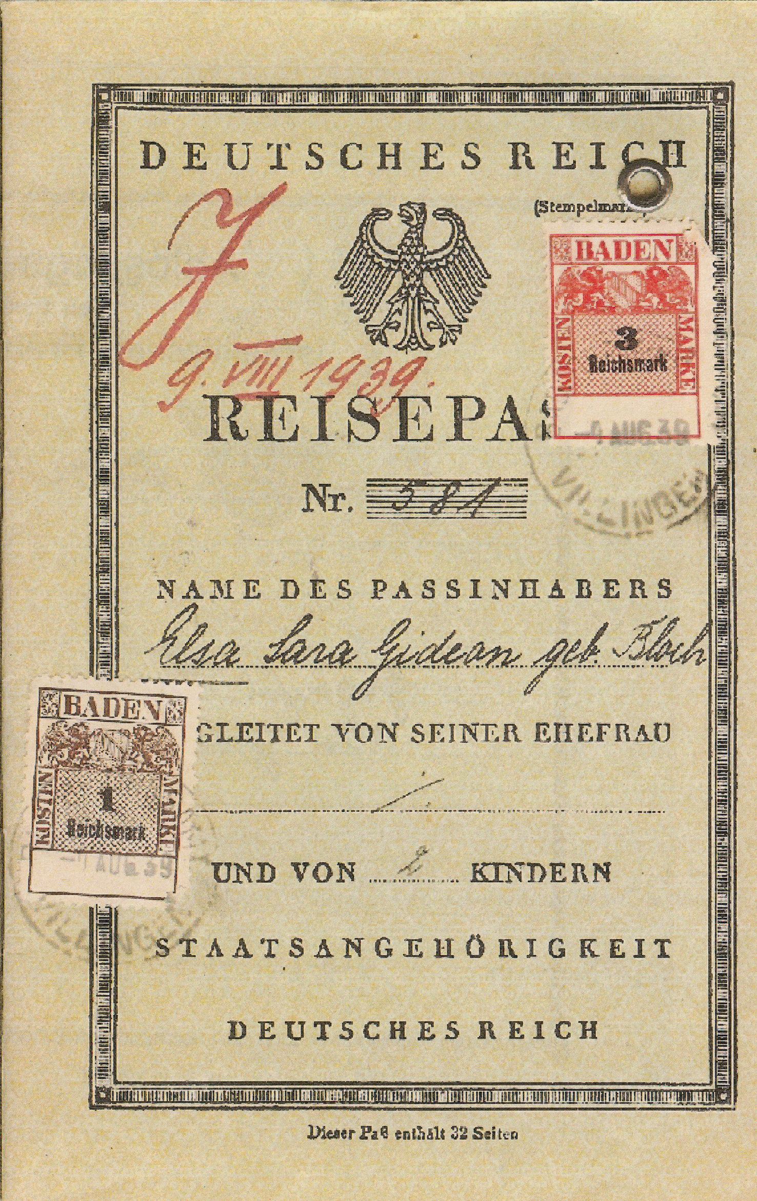 Deutscher Reisepass von Elsa Gideon, 1939. Das rote “J” und der zwangsweise hinzugefügte Vorname “Sara” markieren sie als Jüdin.