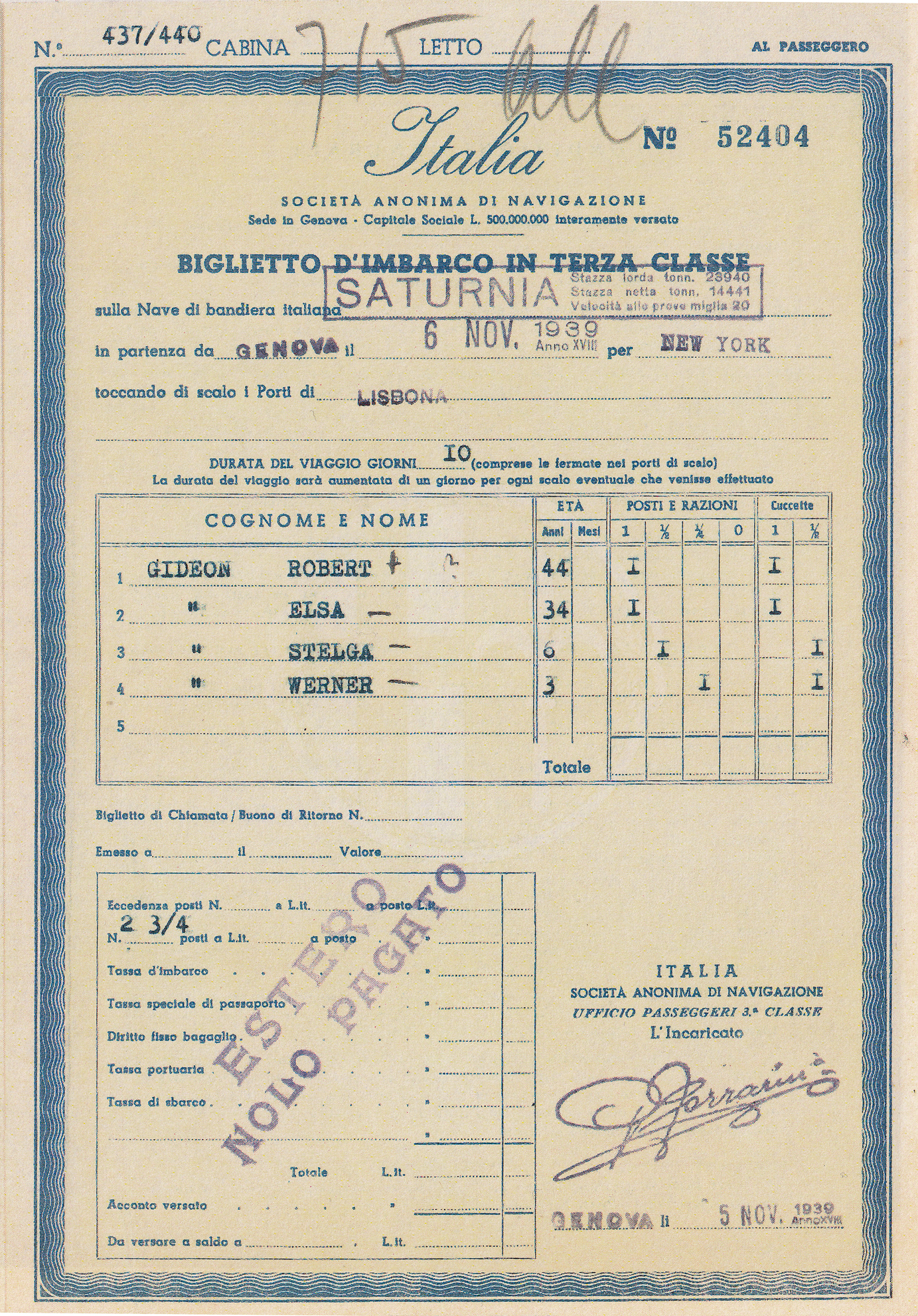 Schiffskarte der dritten Klasse in italienischer Sprache, ausgestellt auf Robert und Elsa Gideon mit Werner und Helga am 5. November 1939.