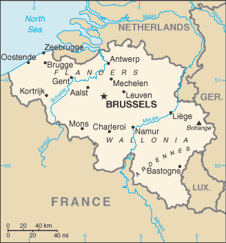 מפה של בלגיה,ניתן לראות במפה את בריסל ואנטוורפ.