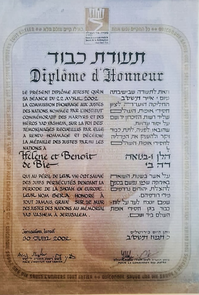 Certificate recognizing Zvi's adoptive parents Hélène and Benoit as 